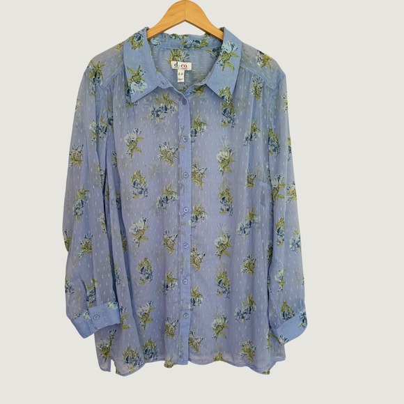 Denim & Co. Tops - Denim & Co. Floral Button Front Blouse Women 3X Blue Sheer Clip Dot Long Sleeve